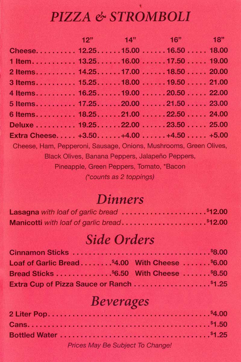 pizza menu pizzas